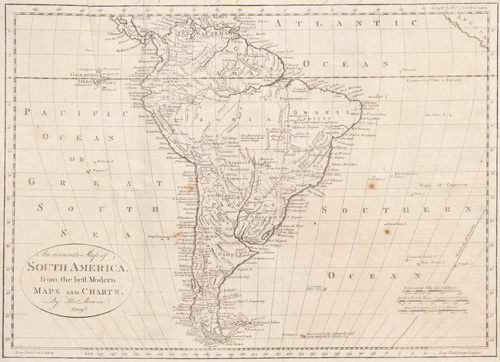 An accurate Map of South America, from the best Modern Maps and Charts by Thomas Bowen, Geographer 1790
